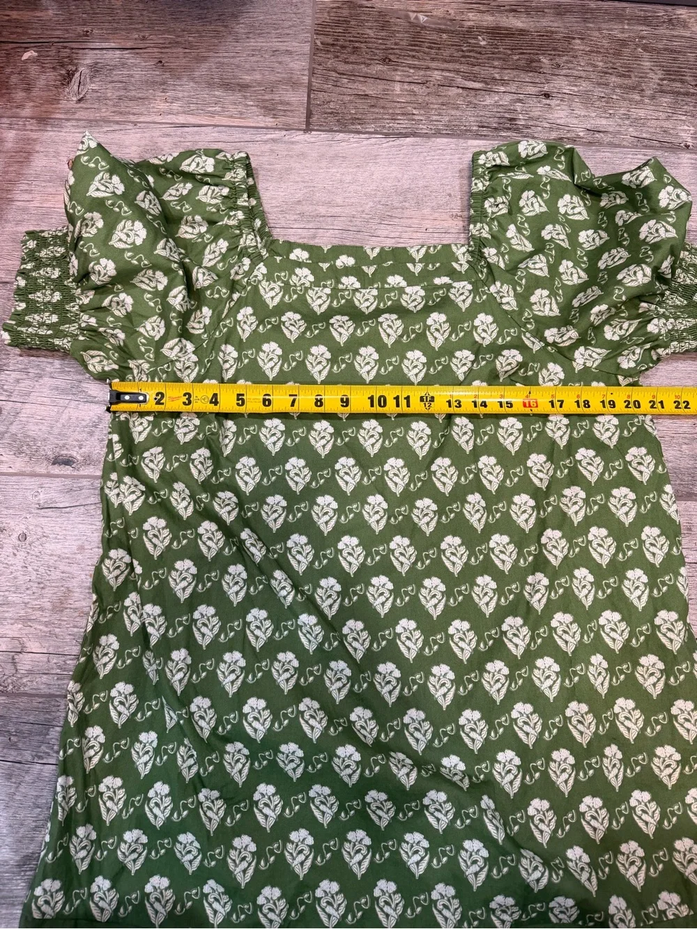 Olive Green Botanical Block Print Cotton Puff Sleeve Shift Dress L Square Neck